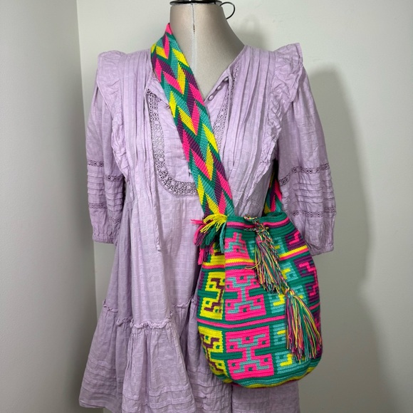 Authentic Wayuu boho bucket Crossbody bag hand woven cotton Multicolor - Picture 8 of 11